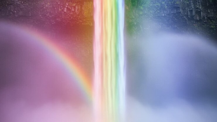 Uno spettacolo mozzafiato della bellezza della natura: una cascata impetuosa crea un arcobaleno colorato in un'atmosfera nebbiosa, evocando serenità e meraviglia