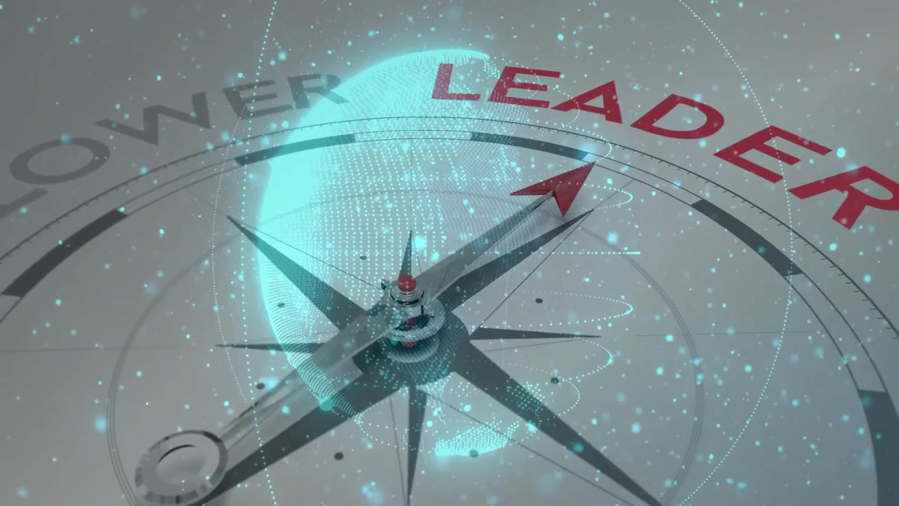 Globe emerging above compass, text shifting to LEADER, needle rotating to align for leader shift