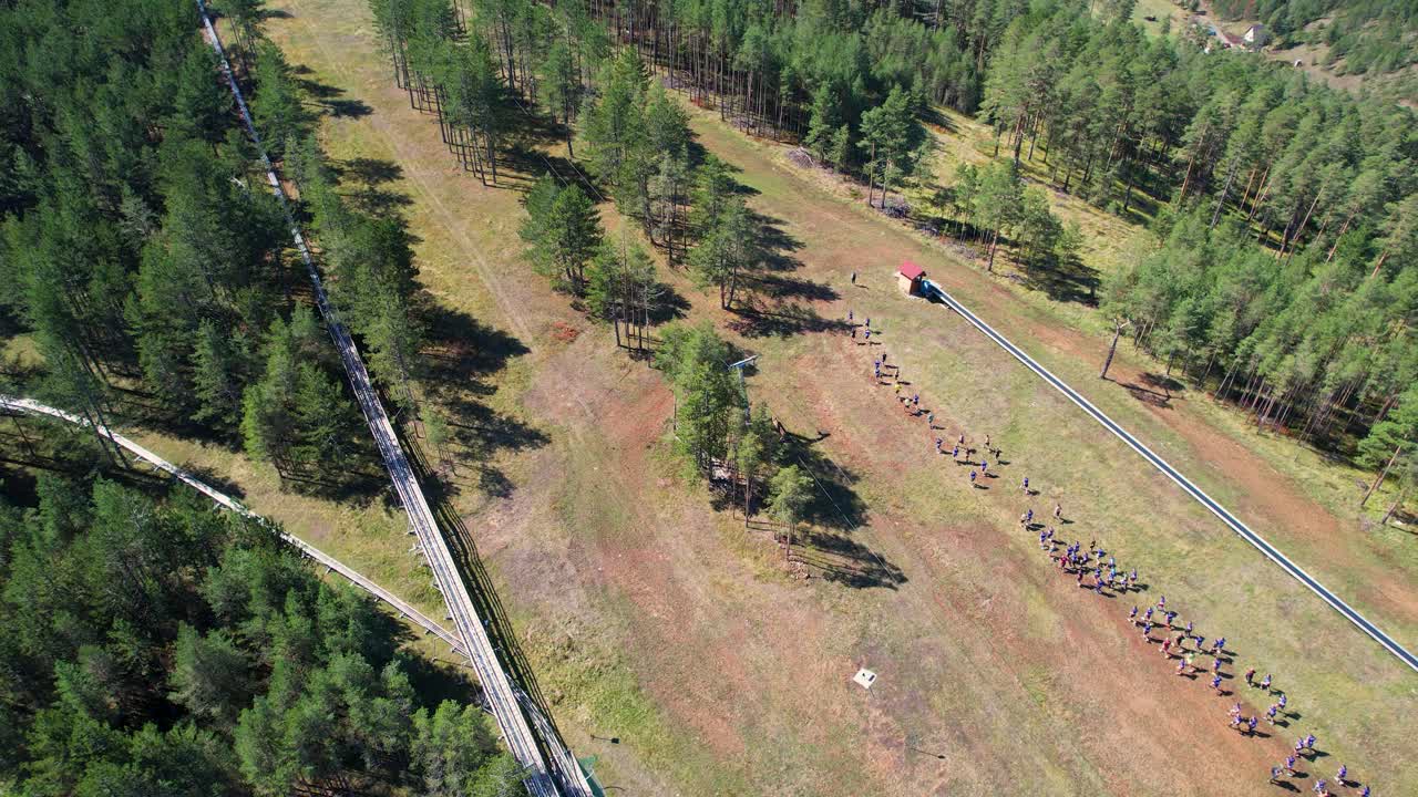 широкий воздушный вид, показывающий лесистый склон с альпийской трассой, проходящей через
