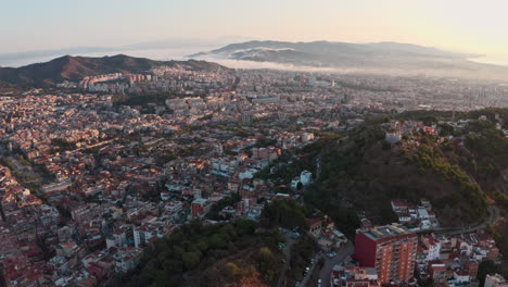 Drone-shot-of-beautiful-sunrise-over-North-East-Barcelona