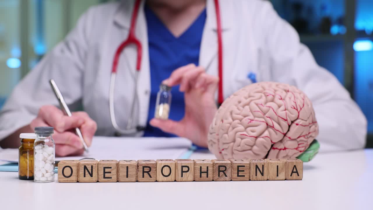 Masanın üzerinde düzenlenmiş ahşap küpler doktor tarafından "oneirophrenia" kelimesini oluşturuyor.