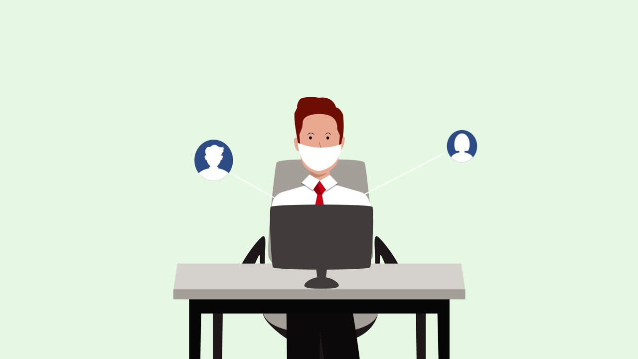 얼굴 마스크를 입은 사람의 애니메이션 컴퓨터를 사용하여 네트워크