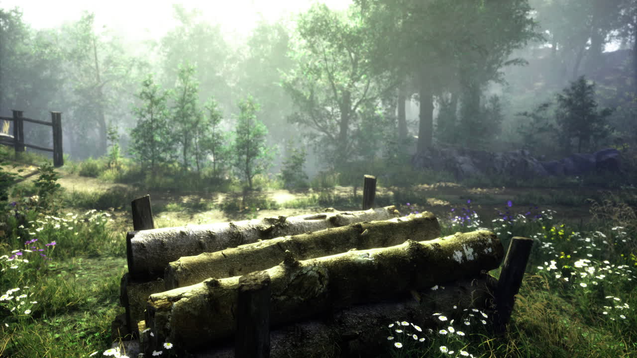 Logs resting in a serene forest glade surrounded by lush greenery