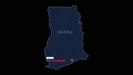 ghana blue map with accra capital city and geographic coordinates on black background