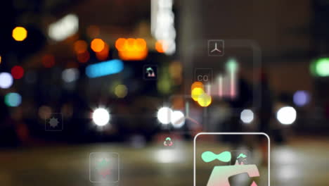 animación de iconos eco y procesamiento de datos sobre luces de la ciudad fuera de enfoque