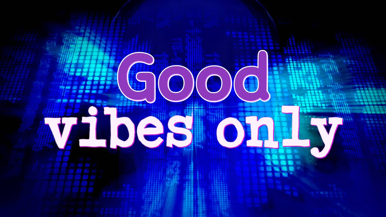 animación de buenas vibraciones sólo texto sobre cabeza humana en fondo azul brillante