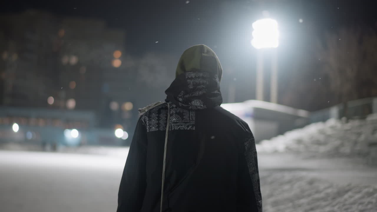 Back view of individual dressed in winter attire walking across snow-covered surface at night, illuminated by strong stadium lights in urban environment, conveying solitude and cold atmosphere