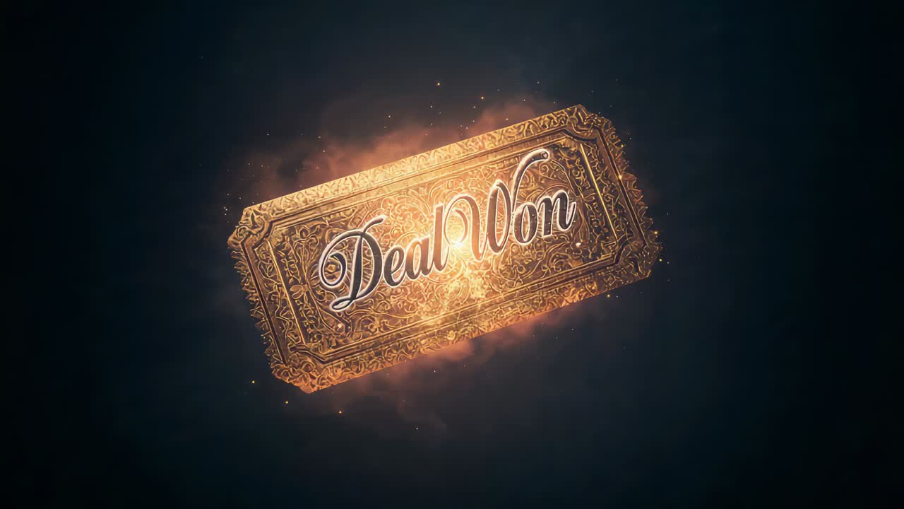 Glowing ornate golden plaque rotating and settling on dark backdrop, revealing DealWon text, embers