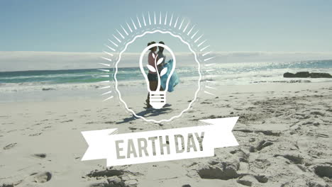 earth day text animation over people walking on sandy beach near ocean