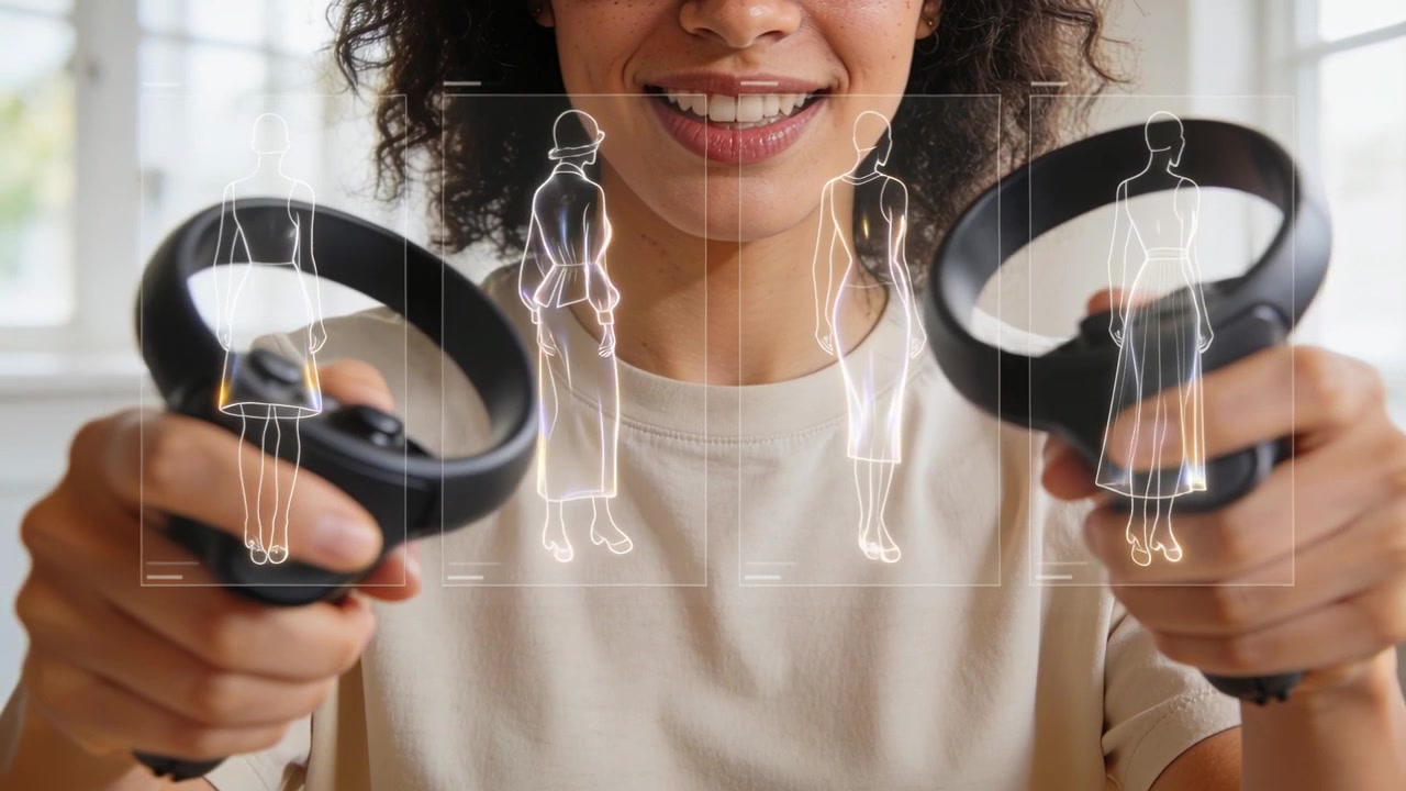 Holding ring controllers, woman in beige tee cycling virtual outfits in bright room, selecting one