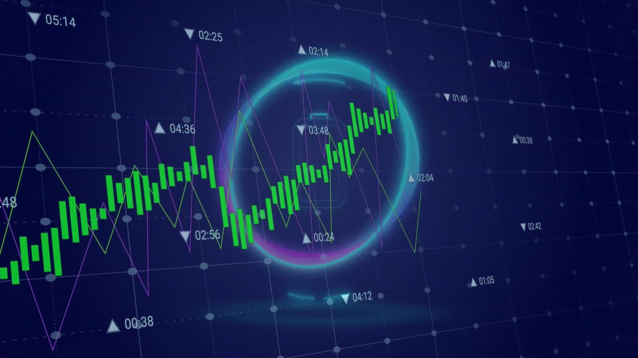 animación de múltiples gráficos, números cambiantes sobre el icono de la batería en círculo contra un fondo negro