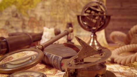 vintage still life on an old map in 1565.