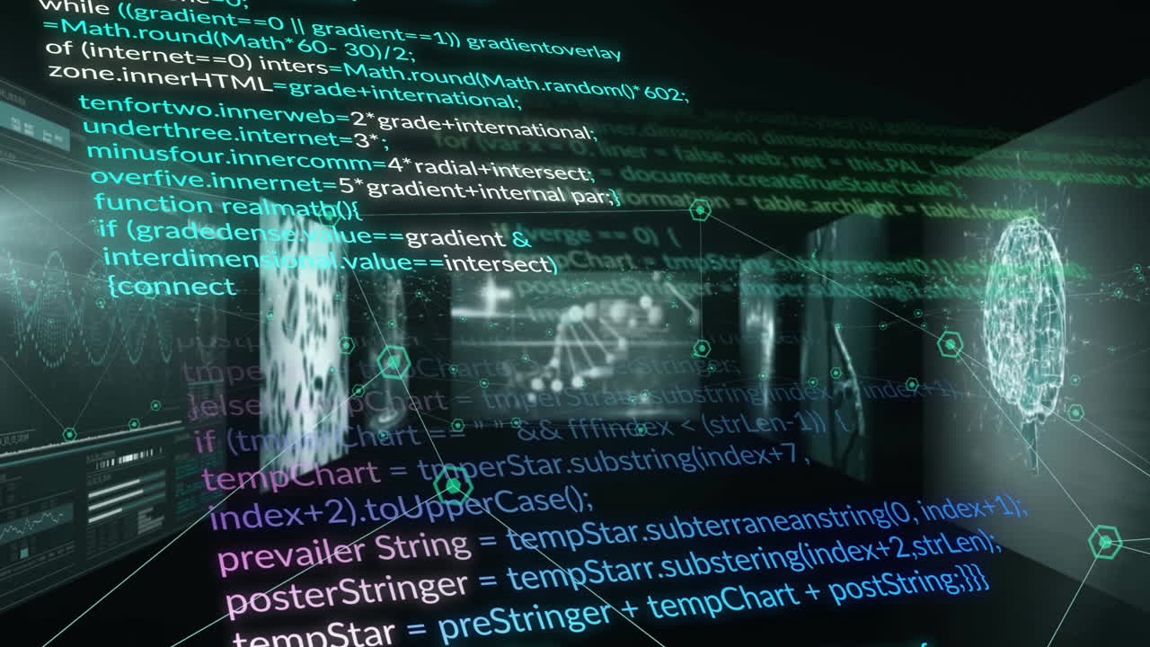 animação de linguagem de computador e pontos conectados, múltipla interface médica sobre fundo preto