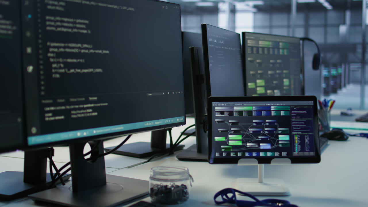 Modern Tech Workspace with Multiple Screens and Tablet