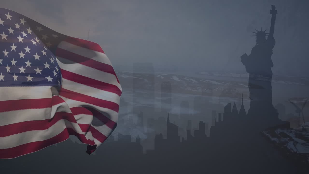 Animazione di una bandiera americana che sventola su New York.