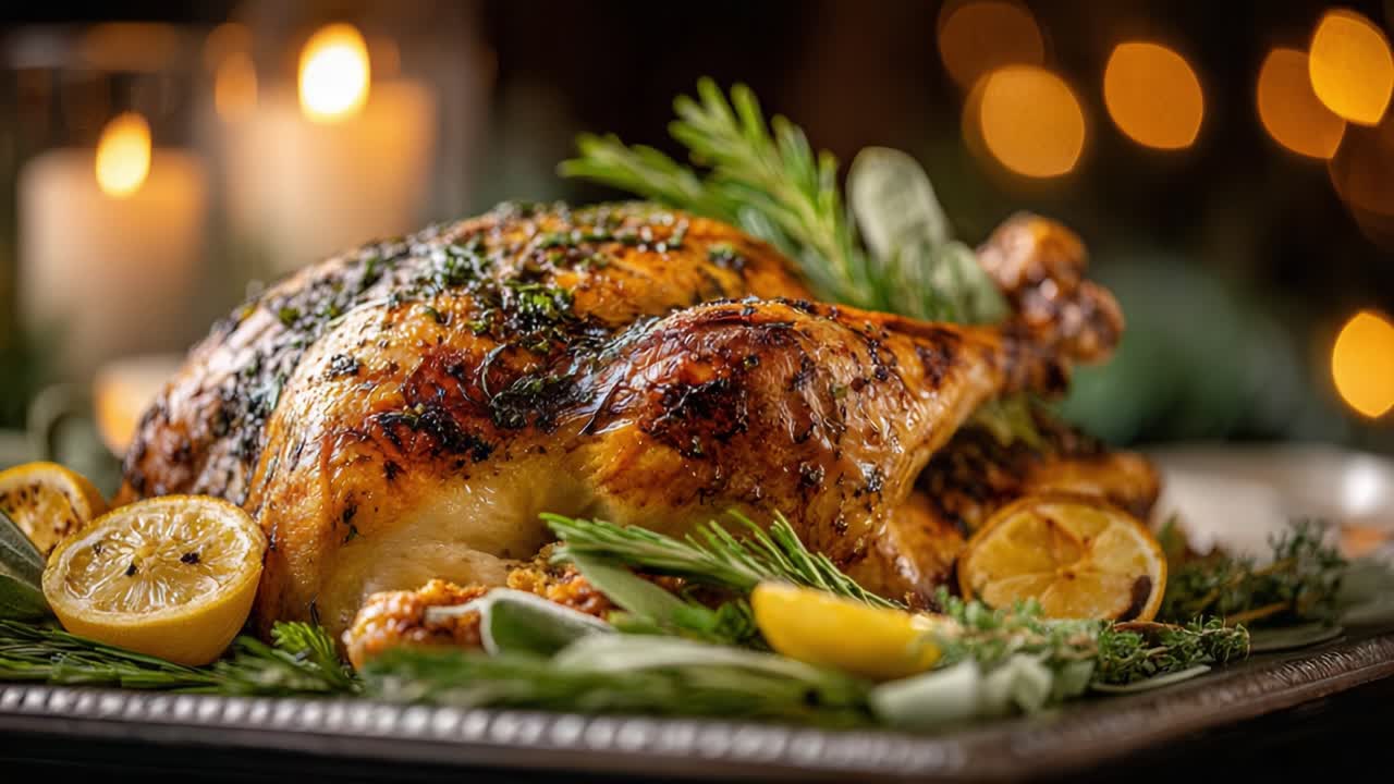 A beautifully roasted chicken garnished with fresh herbs and lemon slices, creating an inviting centerpiece for a festive table, surrounded by soft candlelight and greenery