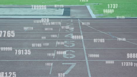 animation of numbers changing over disabled male athlete with running blades on racing track