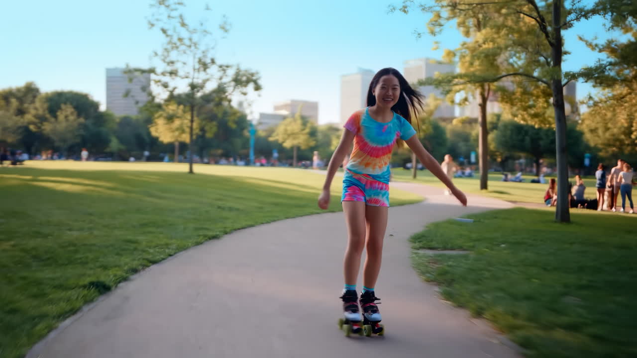 Young Asian Girl Roller Skating Along Sunlit City Park Path, Wearing Colorful Tiedye Outfit And Retro Quad