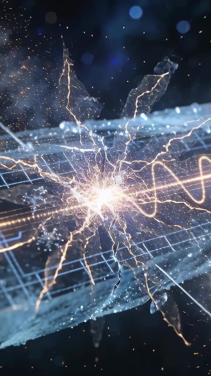 Vertikal video: Revne dannes langs isfiber i dybt tomrum, gitter med sinusbølge lyser op og sprutter af gnister