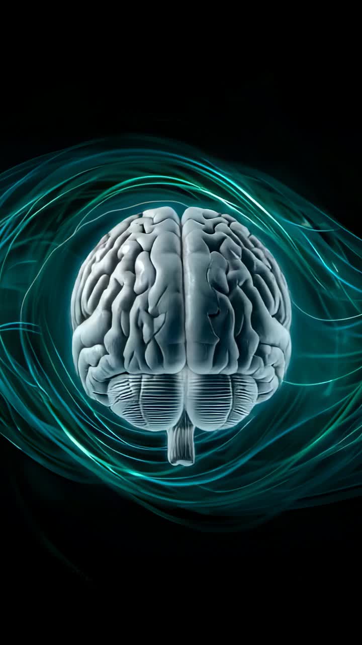 Vertical video: Rotating 3D brain in studio at playback, with swirling teal and green energy lines