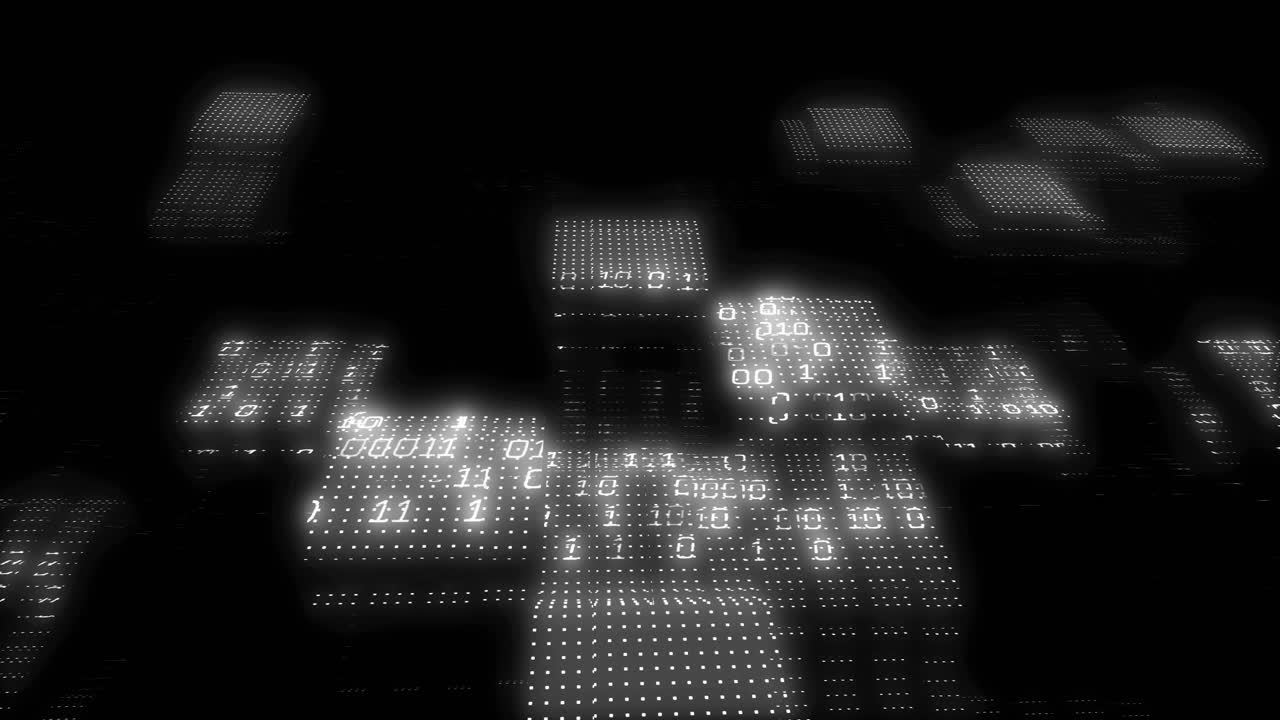 Animation of binary coding data processing over screens on black background