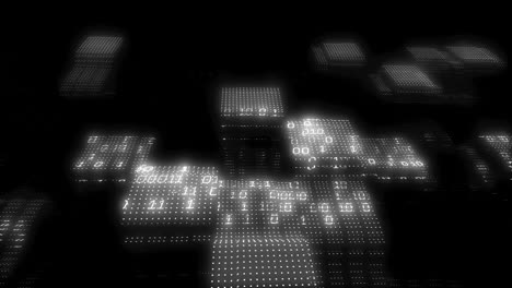 animation of binary coding data processing over screens on black background