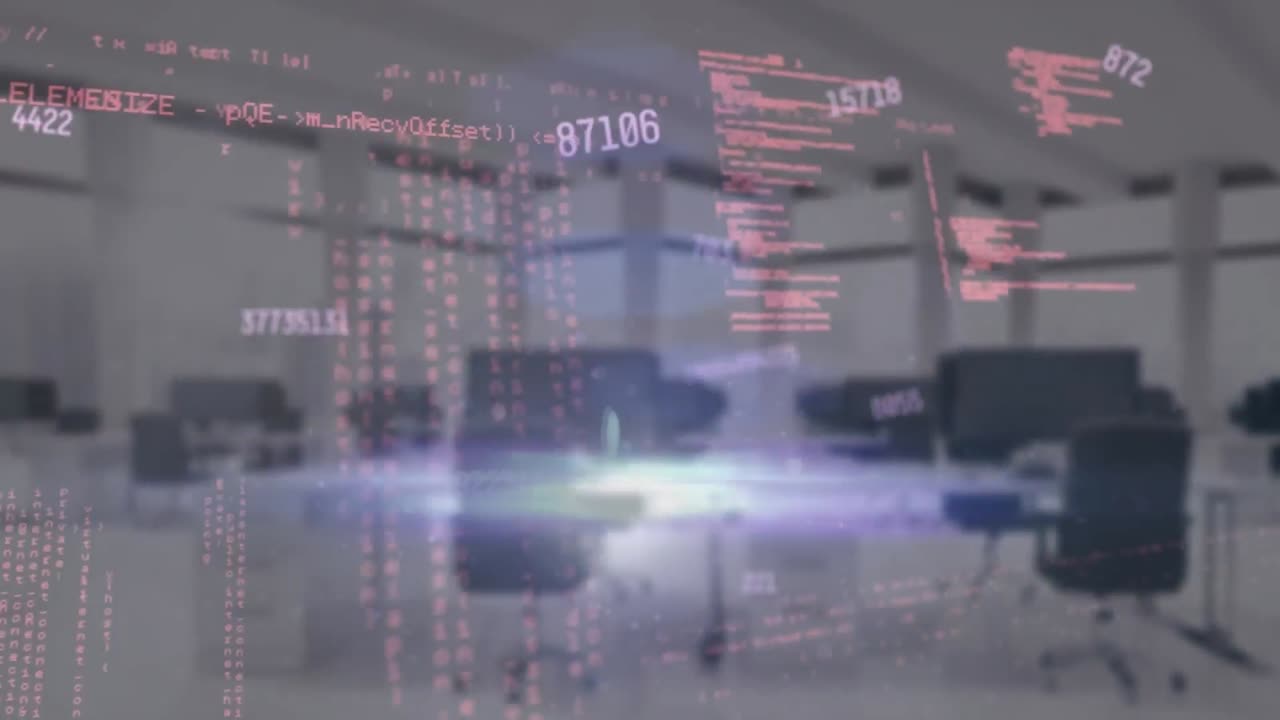 animación de números cambiantes, procesamiento de datos y punto de luz contra una oficina vacía