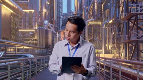 asian male professional worker standing with his tablet at a vast oil refinery, he is nodding his head with dissapionted