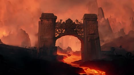 ancient stone gate in a fantasy landscape with a river of lava