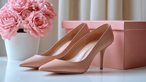 elegant pink high heels with flowers and gift box