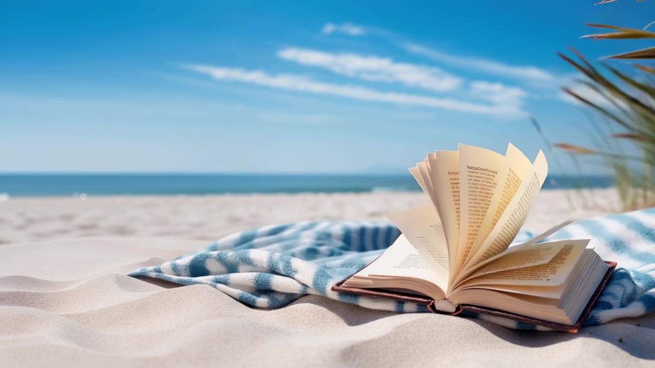 Libro aperto con pagine che svolazzano su una spiaggia sabbiosa