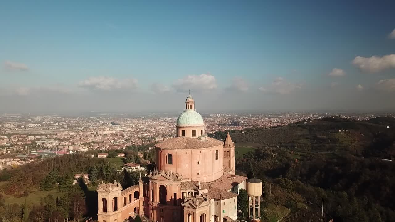 Sanctuary Madonna di San Luca. aerial view. Circling around the basilica.