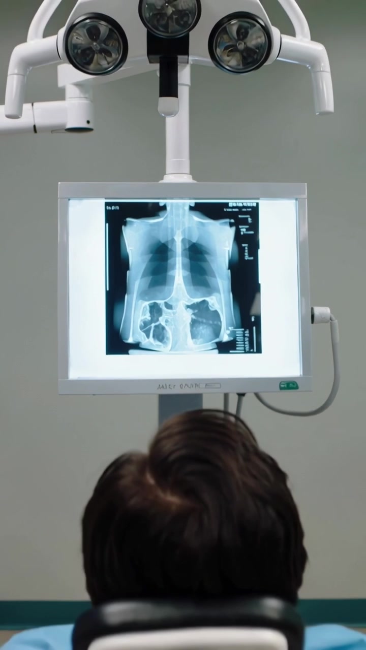 Vertical video: Pointing gloved doctor in coat explaining xray on lit monitor in clinic patient bib