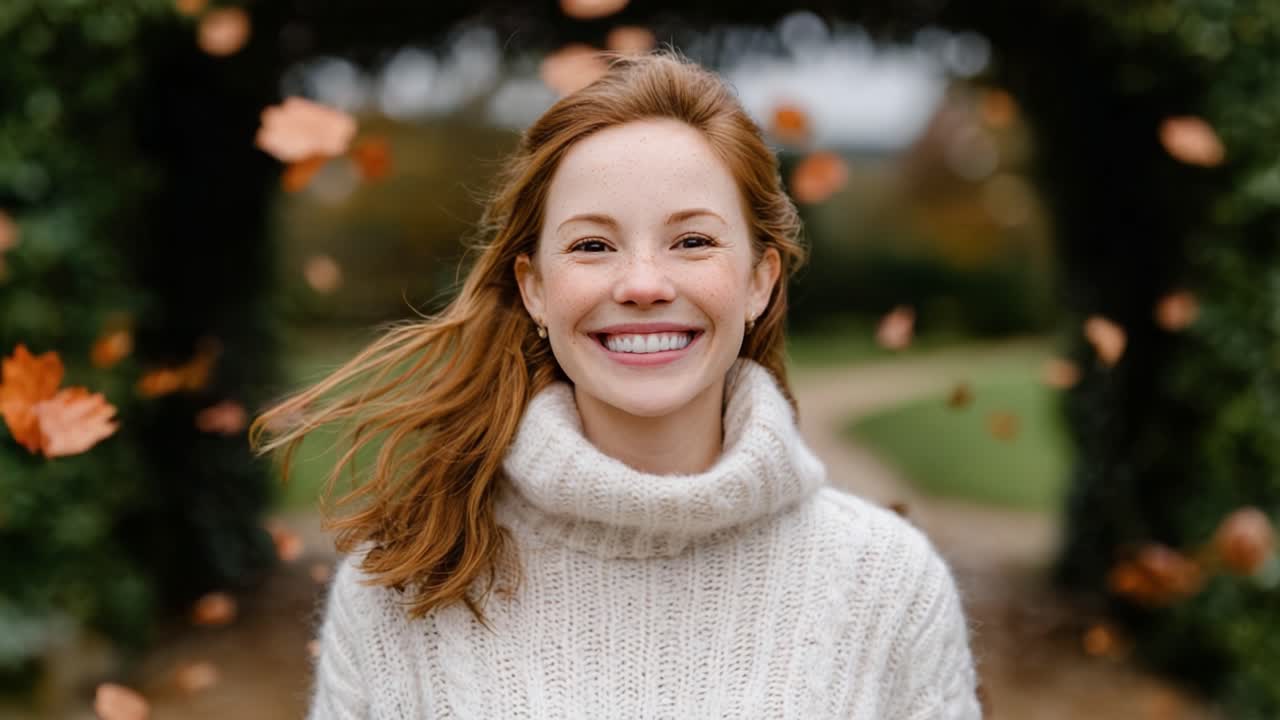 A Joyful Moment Captured: A Smiling Young Woman in a Cozy Sweater Surrounded by Falling Leaves on a Breezy Autumn Day