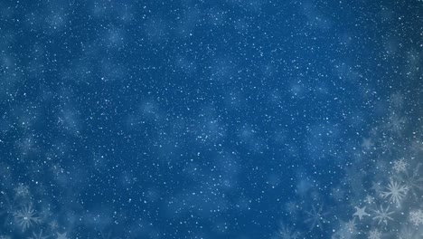 Animation-of-snow-falling-over-snowflakes-and-stars-on-blue-background