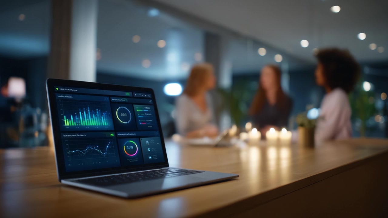 Analyserer datainnsikt: En moderne bærbar datamaskin som viser detaljerte analysegrafer i en koselig sosial atmosfære med venner som samtaler.