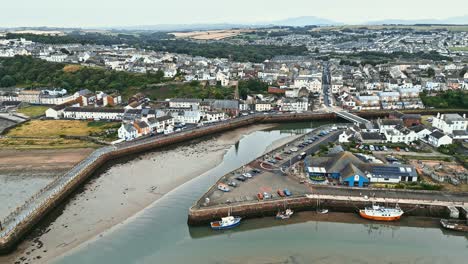 Aerial-Video-of-the-small-English-fishing-village-of-Maryport-in-Allerdale-a-borough-of-Cumbria,-England