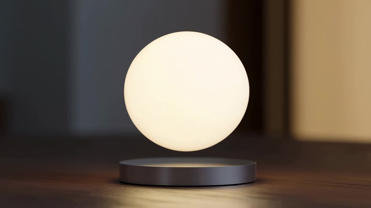 A bright white sphere rests on a low round base in a softly blurred interior, casting warm light across a wooden surface with a calm modern atmosphere