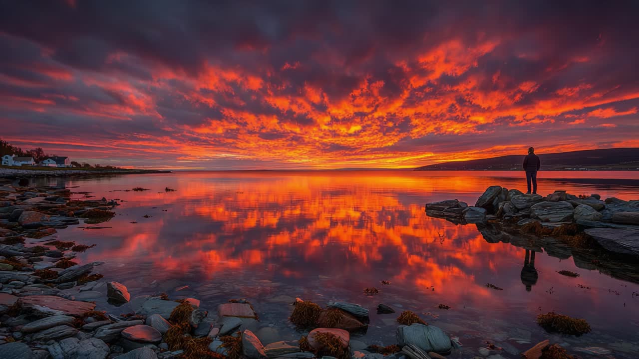 A Serene Sunset Over Calm Waters: A Beautiful Display of Colors Reflecting on the Surface Beneath Dramatic Cloudy Skies and Revealing Nature's Tranquility