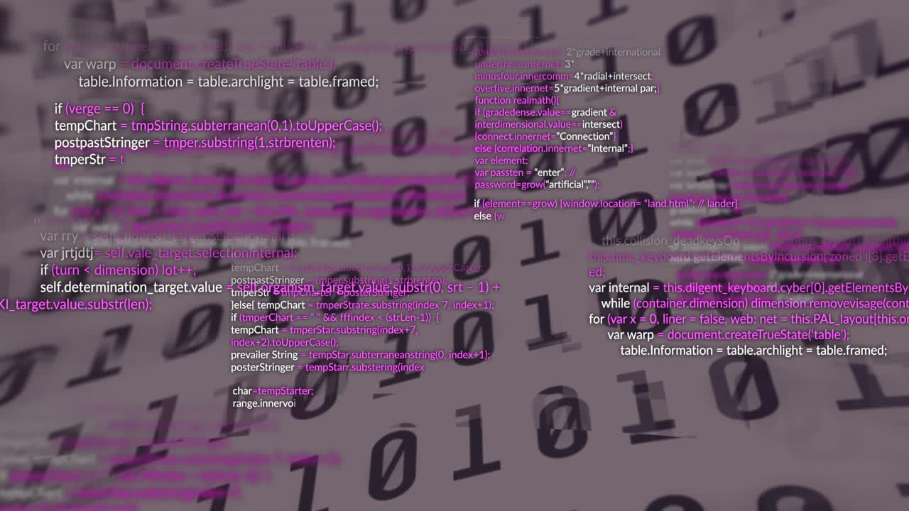 Opening rotating binary grid filling screen code snippets fading sliding visualizing data buildup