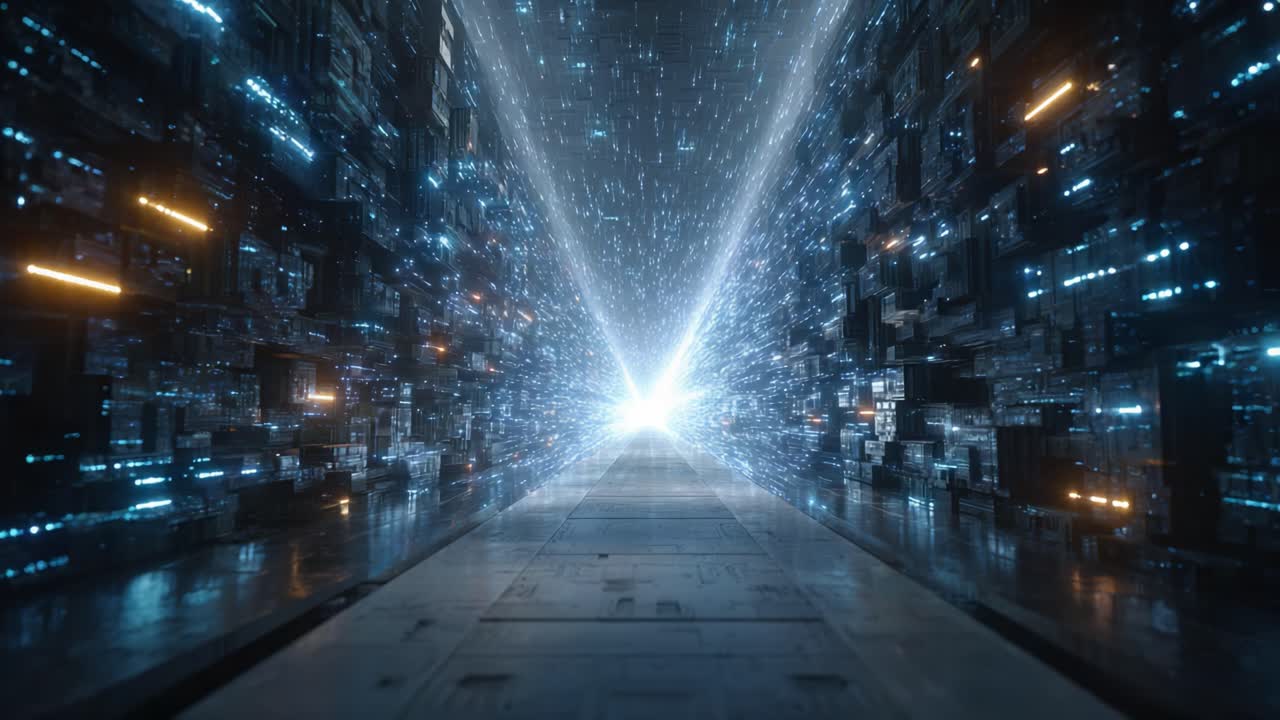 A mesmerizing journey through a futuristic corridor of light and technology, where systems converge and dimensions blend into an ethereal atmosphere of shimmering data streams