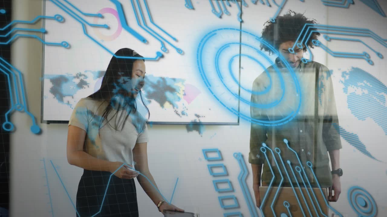 Woman offering tablet man shaking hand both reviewing map for tech briefing with UX circuit overlay