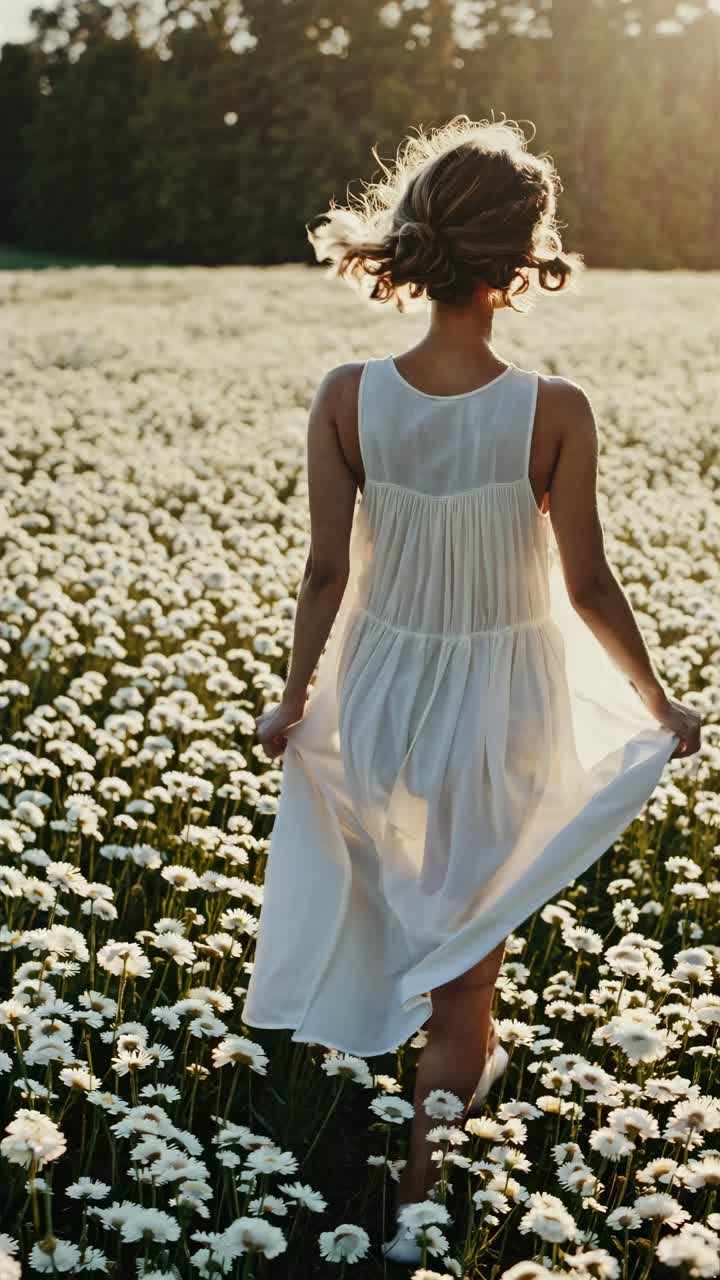 A serene video scene of a woman in a flowing white dress walking through a sunlit field
