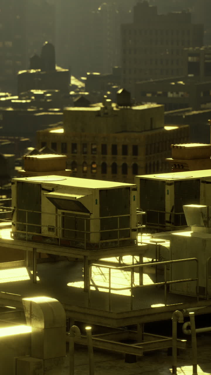 Cityscape at dusk with a rooftop landscape reflecting golden light