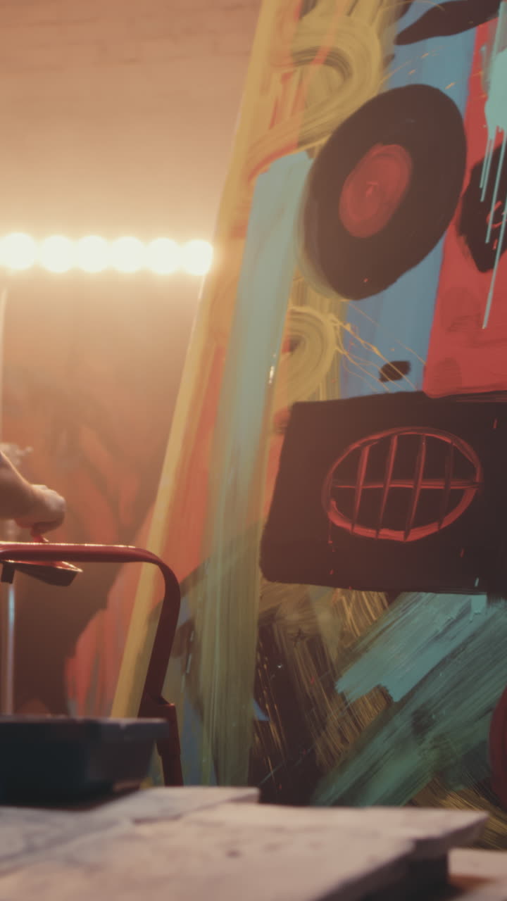 Artist working on a large abstract painting in a studio