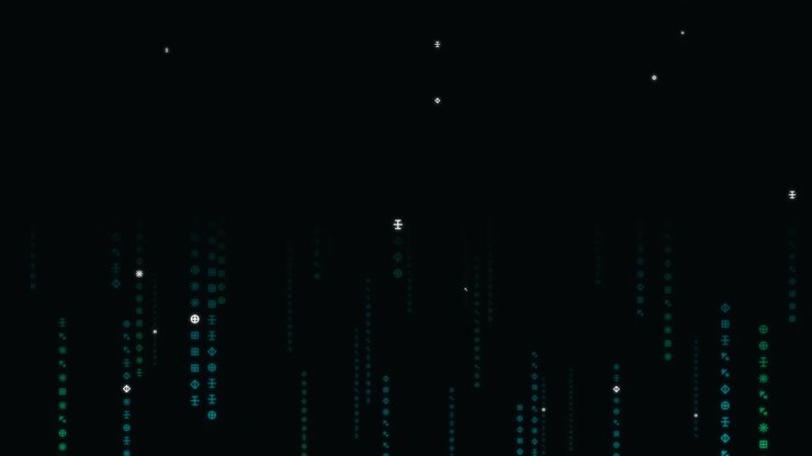 Digital Matrix Rain Abstract Background with Falling Geometric Symbols