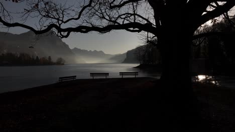 camera moves forward, golden glow of sunrise over walensee, with misty mountains and serene waters, wooden benches under tree frame peaceful swiss landscape.