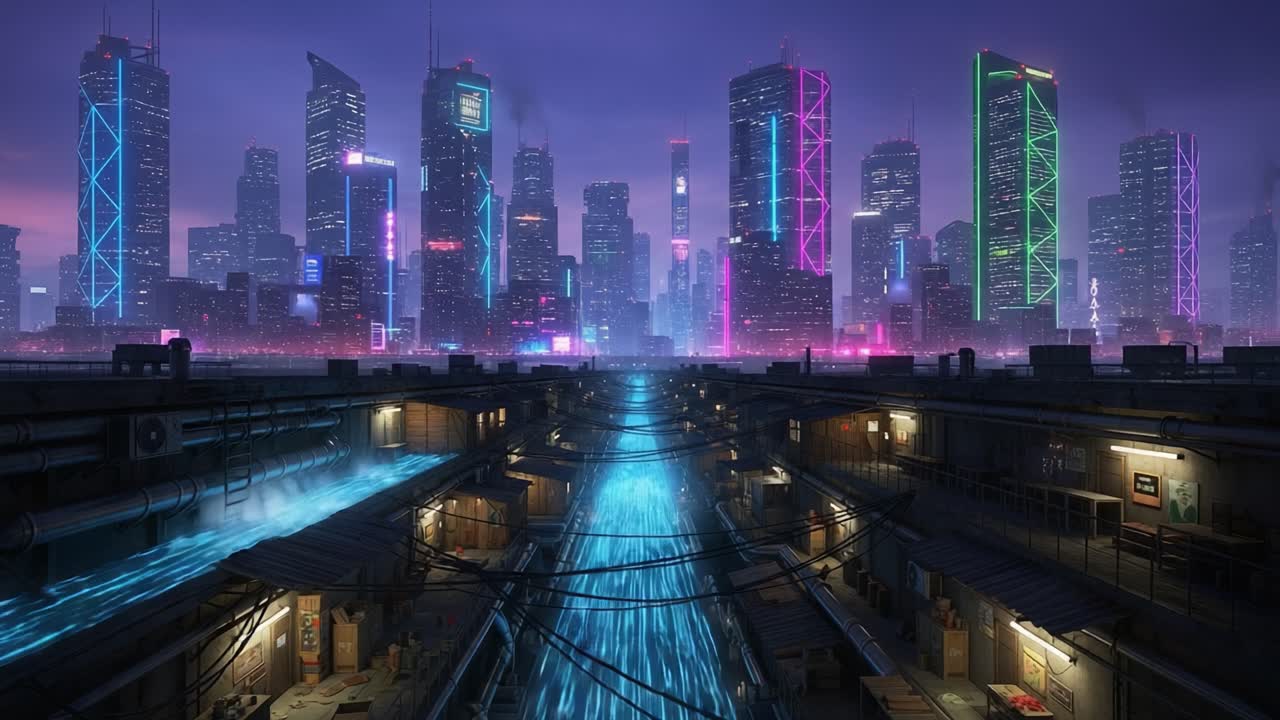 Uno splendido paesaggio urbano futuristico: grattacieli illuminati al neon si ergono alti contro un cielo crepuscolare, collegati da percorsi luminosi in un ambiente urbano high-tech