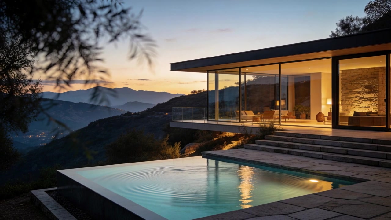 Registrazione di una residenza in collina e di una piscina a sfioro che reagiscono a una perturbazione sul bordo lontano, con increspature che si diffondono.