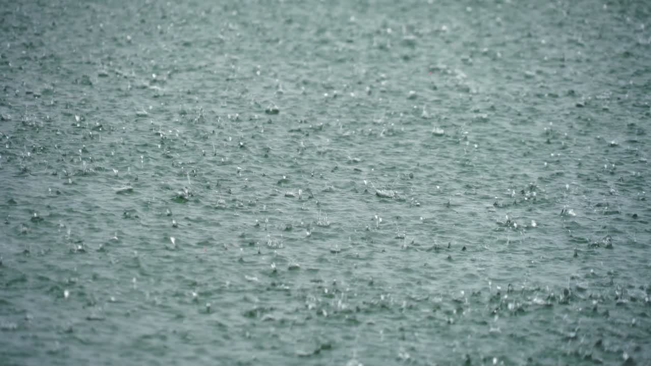 Rain falling on water waves in bay.
